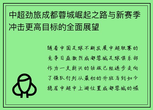 中超劲旅成都蓉城崛起之路与新赛季冲击更高目标的全面展望